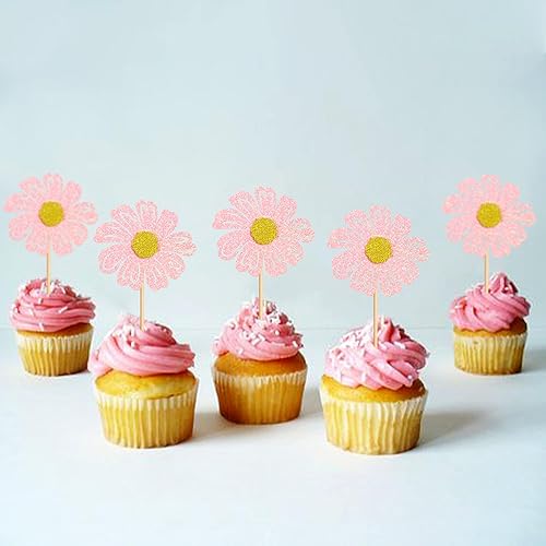 Miniatura 6 de Ercadio Paquete de 24 adornos para cupcakes de margaritas rosadas, flores de margaritas rosadas, decoraciones de pasteles para temática de