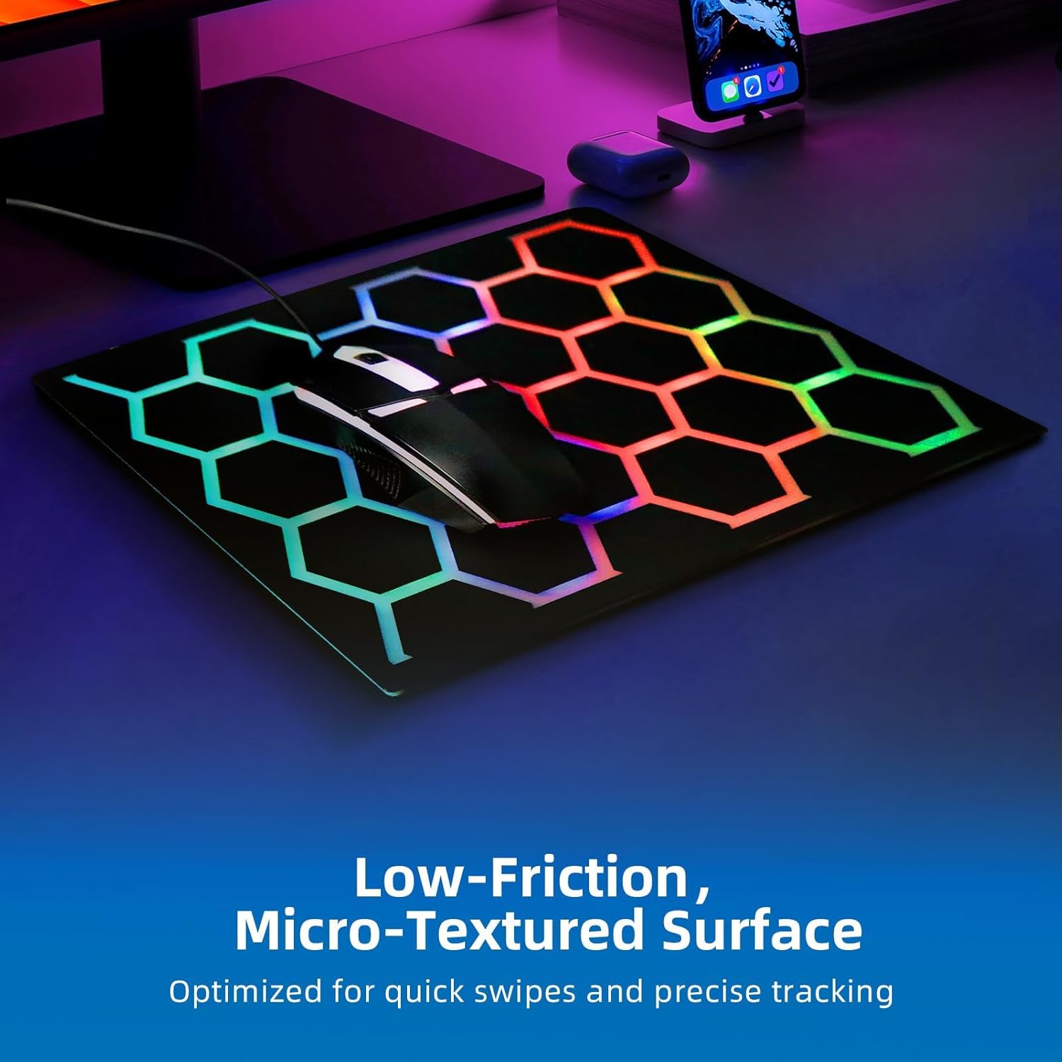 Gaming Mouse pad with Hexagonal Glowing Pattern, RGB LED Mouse pad, Multiple Lighting Modes, Supports PC Client Color Adjustment, syncs with Screen Colors - Image 6