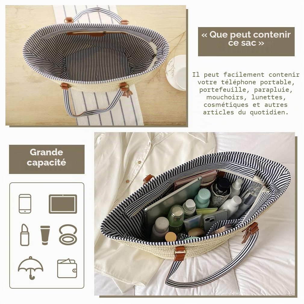 Pahajim Sac de Plage Femme avec Fermeture Tote Bag Grande Sac de Paille Tricotage à la Main Boho Style pour les Voyages, les Vacances, le Shopping(Marron)