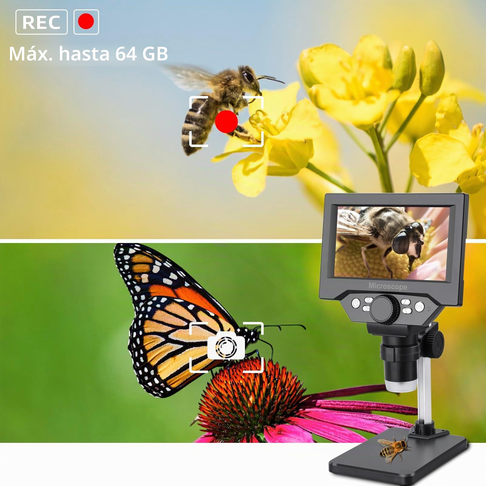 Koolertron Microscopio para Niños,5.5 Pulgadas Microscopio Profesional Digital LCD Portátile HD 1080P con 1-1000x Zoom de Aumento,8 Luces LED Ajustables,Compatible con PC Windows MacOS