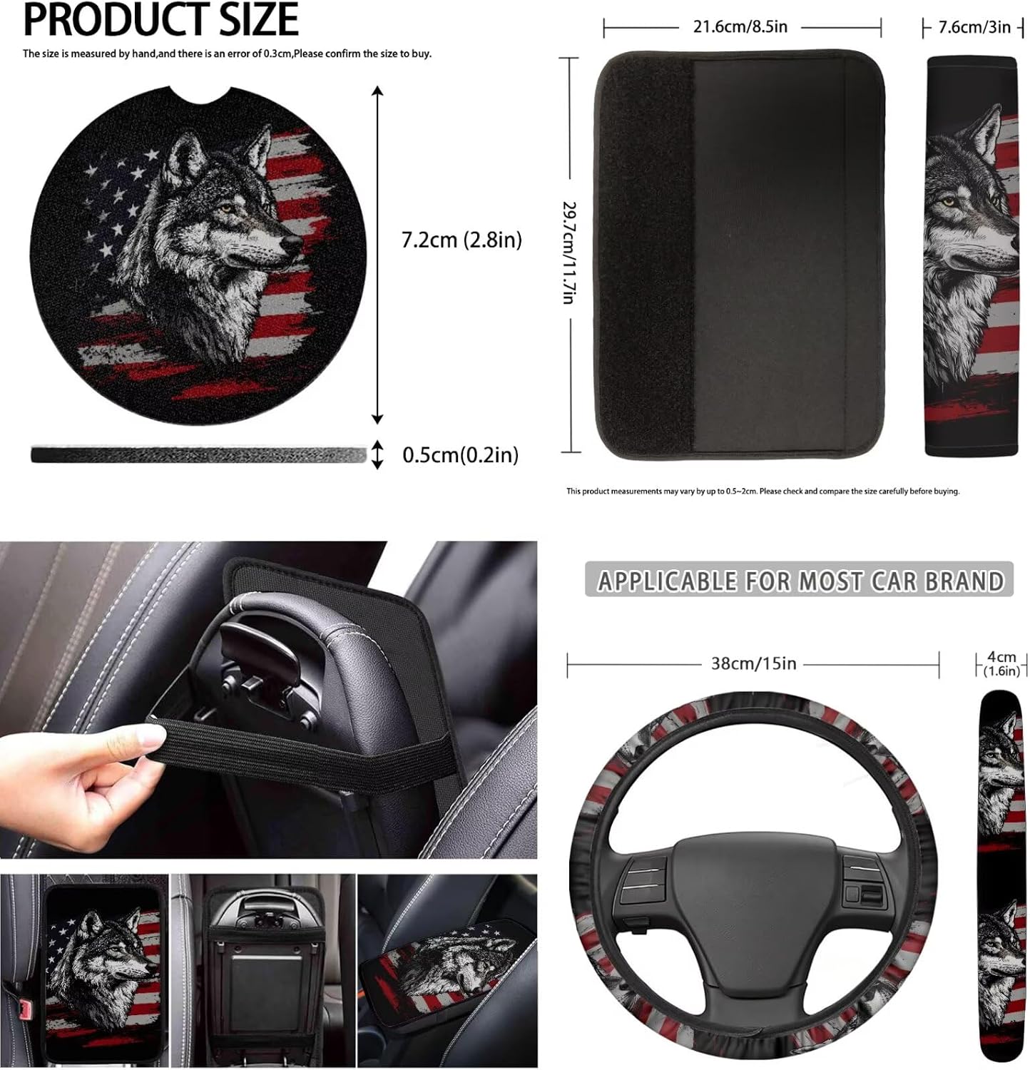Wolf Printed 15 Pcs Car Seat Cover Set, American Flag Printed Auto Accessories Set Front Rear Seat Covers with Car Armrest Pads Steering Wheel Protector