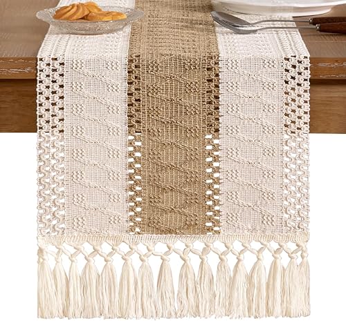 Miniatura 4 de Socomi Camino de mesa bohemio de verano rústico para comedor, cocina, centro de mesa, decoración pequeña de macramé de algodón y lino, camino de
