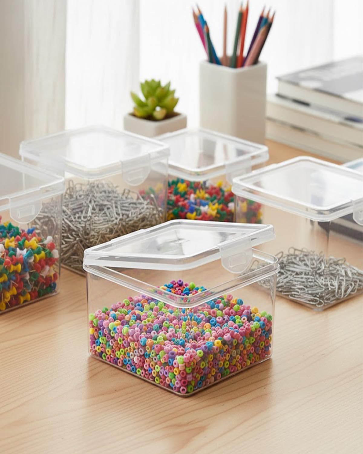 Rocutus 12 Pack Small Clear Plastic Storage Containers with Lids,Beads Storage Box with Hinged Lid for Beads,Earplugs,Pins, Small Items, Crafts, Jewelry, Hardware (5.1 x 4.4 x 4.2 Inches)