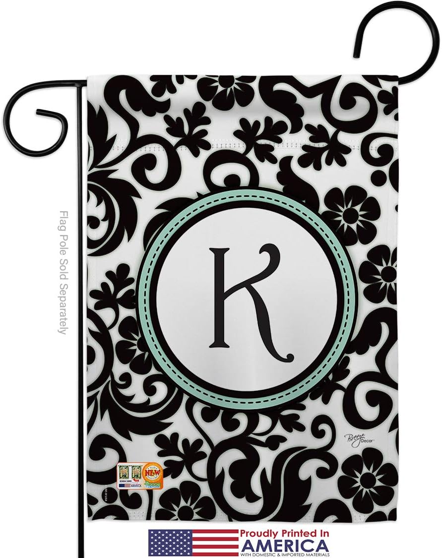 Damask K Initial Garden House Flags Set Monogram Country Living Simply Beauty Floral Vintage Letter Everday Classic Small Decorative Gift Yard Banner Made In USA 28 X 40