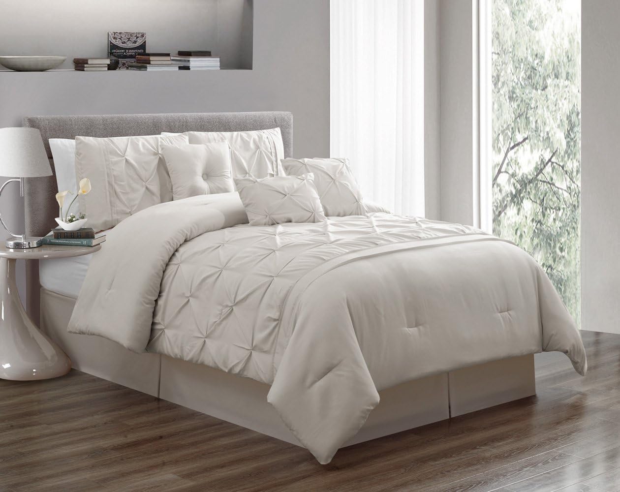 Light Grey/Gray Bed in A Bag Pinch Pleat Comforter Set Twin, Full, Queen, King and (California) Cal King Size Bedding, Matching Curtains King Grey