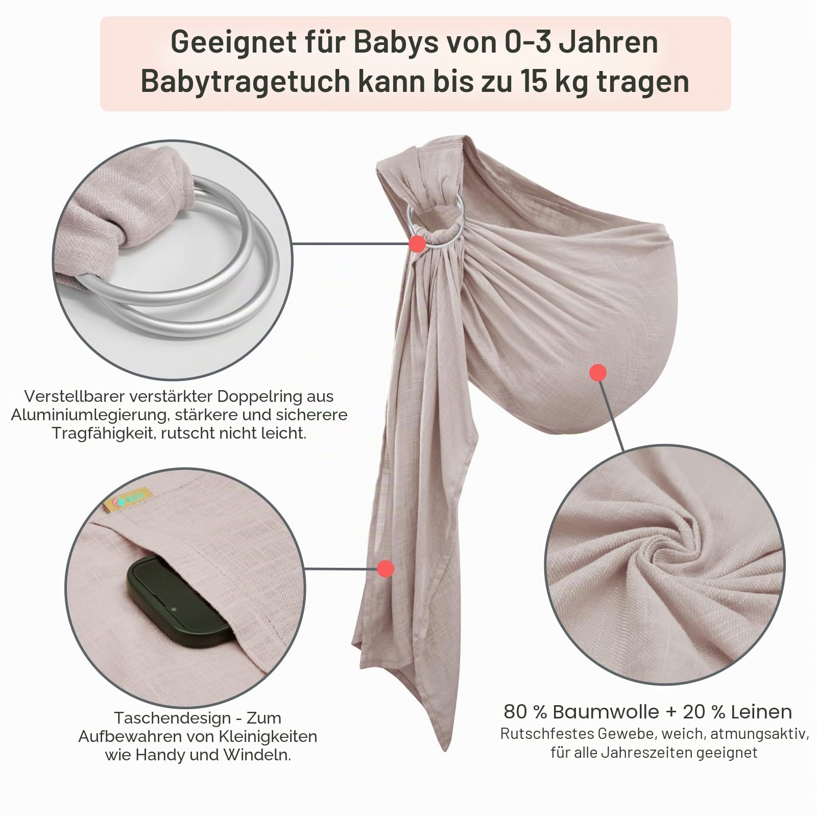 Babytragetuch für Neugeborene bis Kleinkinder, verstellbare atmungsaktive Musselin-Doppelring-Sling-Wraps, Sling Holder Carrier Schal, ideales Baby-Geschenk für frischgebackene Eltern (Grau)