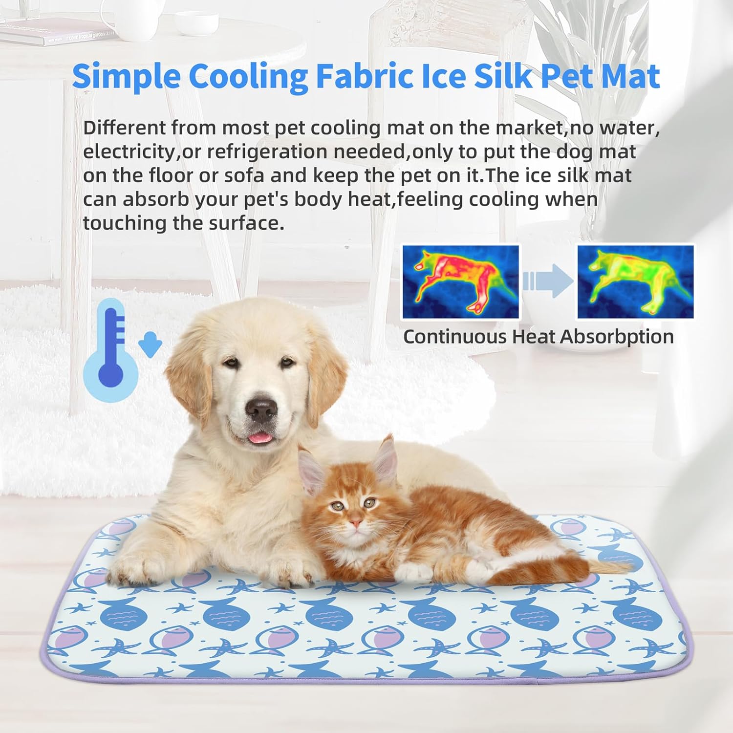NWK Pack of 4 Pet Cooling Mat for Large Dogs -Q-Max>0.345 Ice Silk Cooling Mat for Dogs & Cats Portable & Washable Pet Cooling Blanket for Summer (4pcs, Purple Fish, 39'' X 27'' X 0.3'')