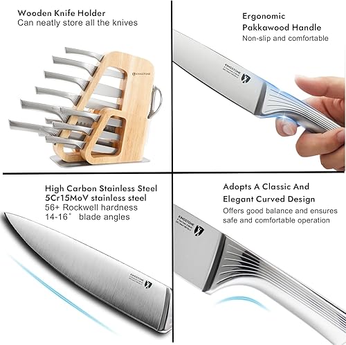Miniatura 2 de KINGSTONE Juego de cuchillos de cocina con bloque, juego de 14 cuchillos de acero inoxidable alemán con afilador integrado, juego de bloques de