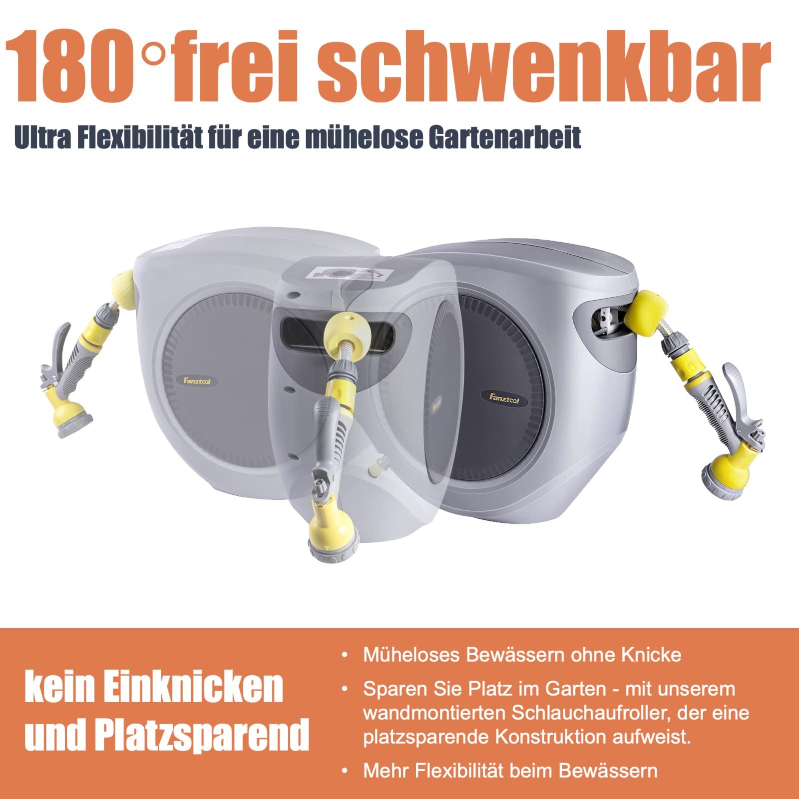 FANZTOOL 35m+2m Schlauchtrommel Set mit Wandhalterung Inkl. 8-Funktionen-Multi-Handbrause | Automatik Einrollen | 180° Schwenkbar | Gartenschlauch RoHS geprüft