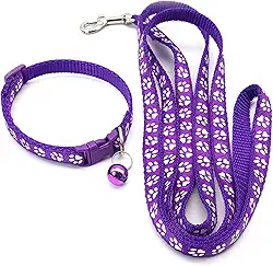Conjunto de coleira e coleira de cachorro com estampa de pata de nylon para animais de estimação, conjunto de coleira e guia para cães pequenos, roxo