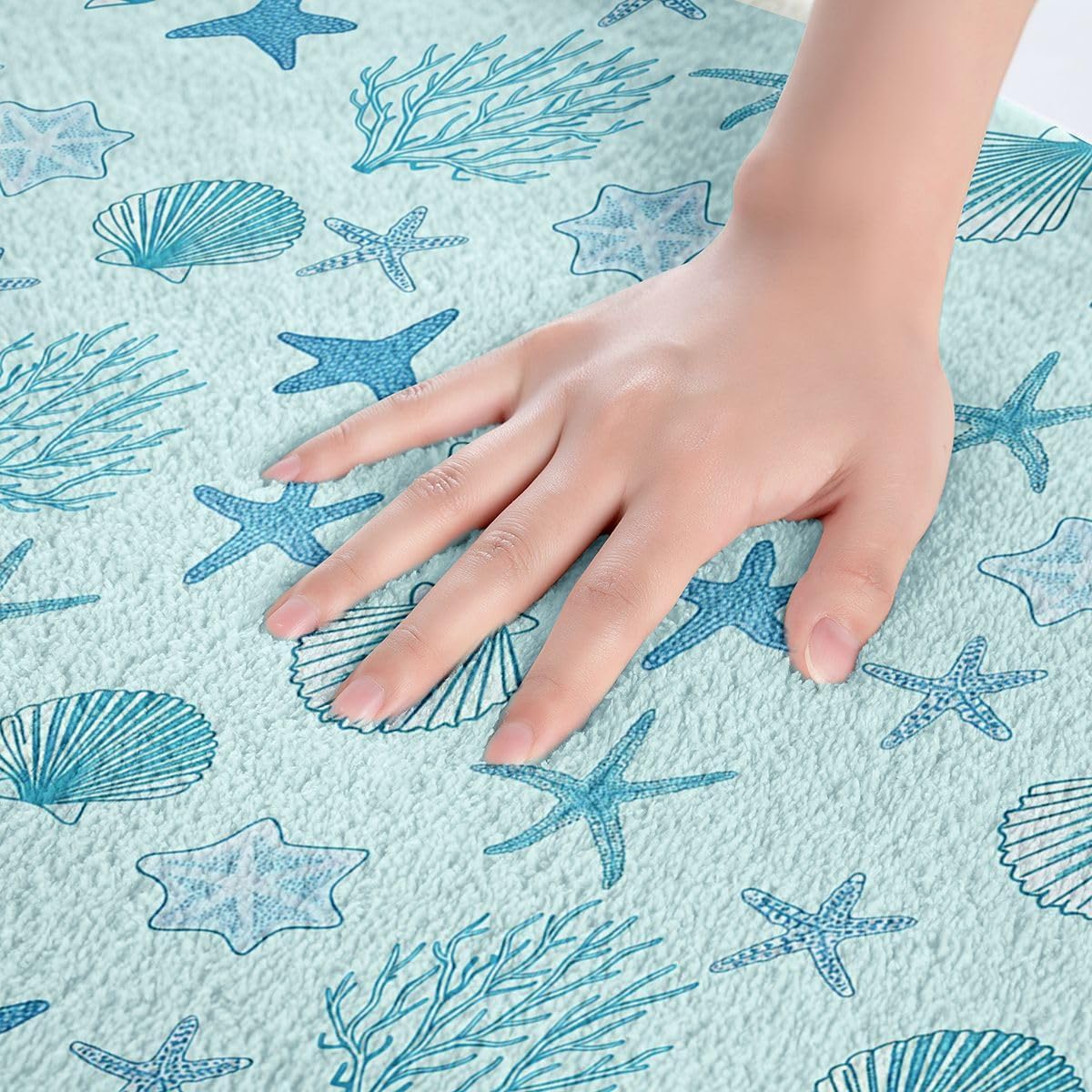 Castle Fairy Summer Beach Shell Bathroom Rugs,Coral Seaweed Conch Non Slip Bath Mats,Ramantic Hawaii Style Machine Washable Carpet for Bathroom Light Blue Soft and Absorbent Bath Mat,16"x24" image 2