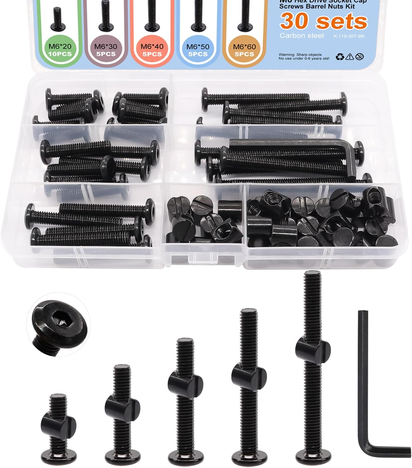 weideer 60PCS Crib Screws Hardware Replacement Kit Baby Bed Frame Bolts M6x20/30/40/50/60mm Black Hex Drive Socket Cap Screws Barrel Nuts Kit for Beds Chairs Furniture