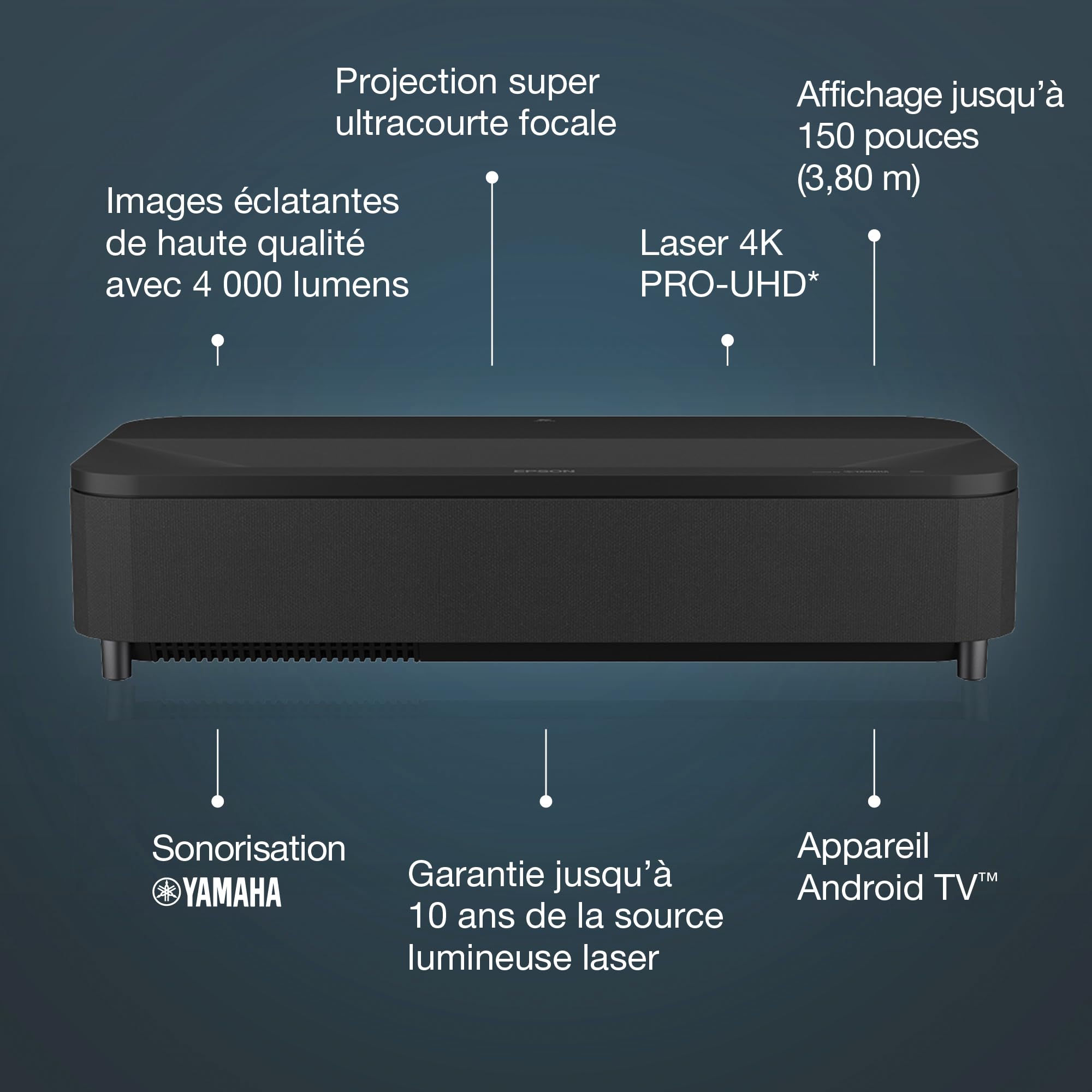 Epson Lifestudio Grand Plus EH-LS800B | Project. laser TV intelligente 4K home cinéma ultracourte focale | 4 000 lumens | 3LCD | Sound by YAMAHA | Android TV | Affichage 150 po | Garantie 5 ans | Noir