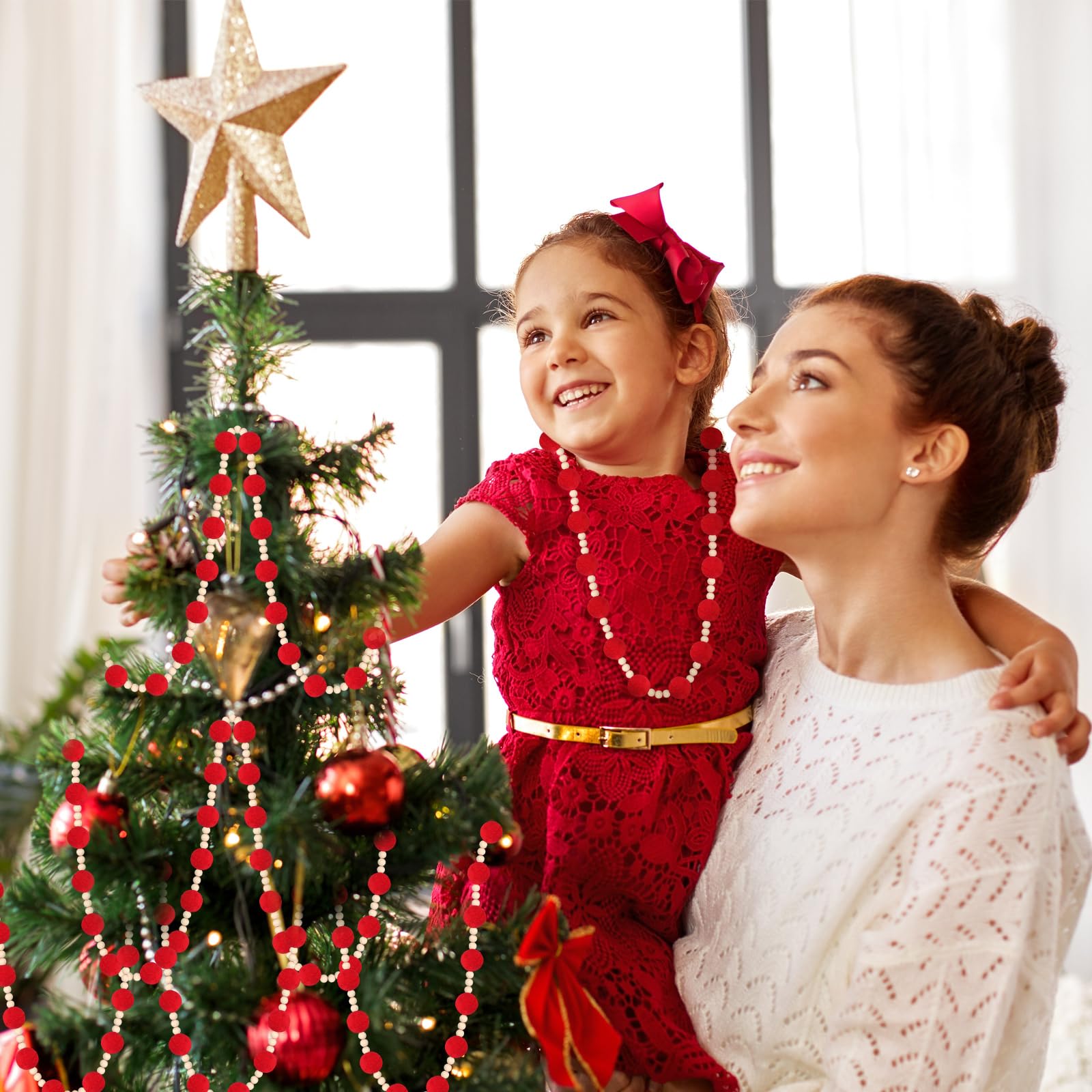 Barydat Guirnalda de bolas de fieltro rojo de 6 pies con cuentas de madera, guirnalda de pompones, guirnalda de fieltro, guirnalda de pompones, guirnalda de Navidad, decoración de árbol de Navidad