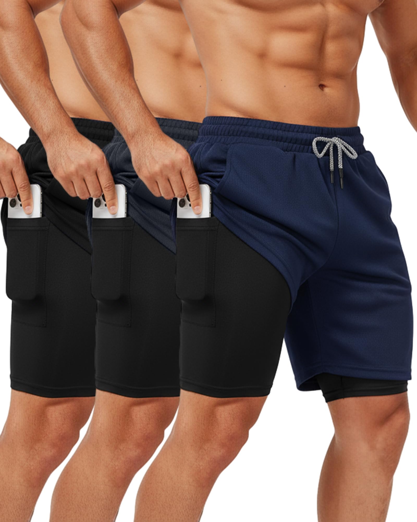 Sureio 3 Pcs Mens 2 in 1 Gym Workout Running Shorts 7 Inch Quick Dry Lightweight Athletic Short