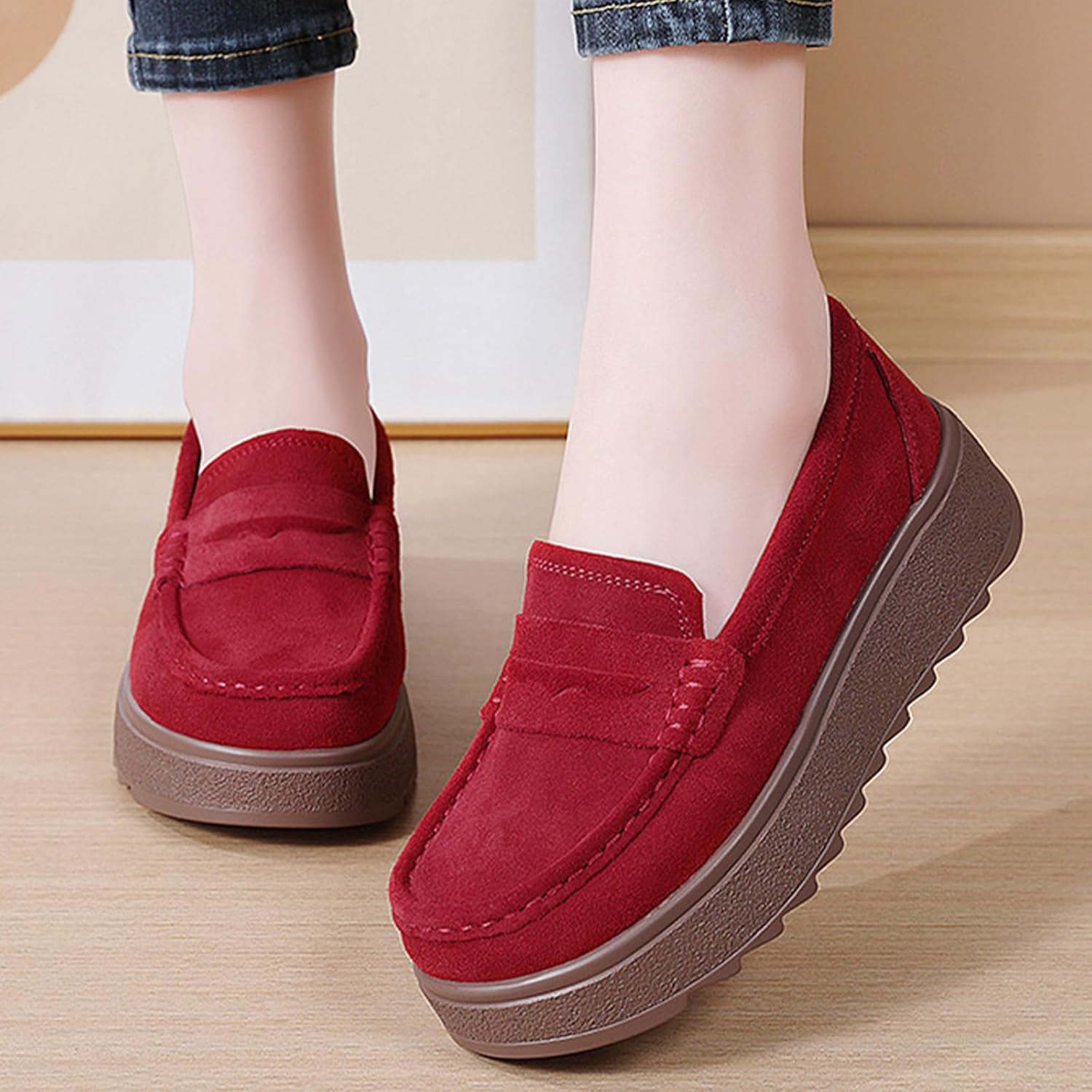 Women's Suede Platform Wedge Soft Slip-On Loafers Moccasin Toe Comfortable Anti-Slip Lug Sole Penny Loafers Business Casual Walking Daily Shoes - Image 2