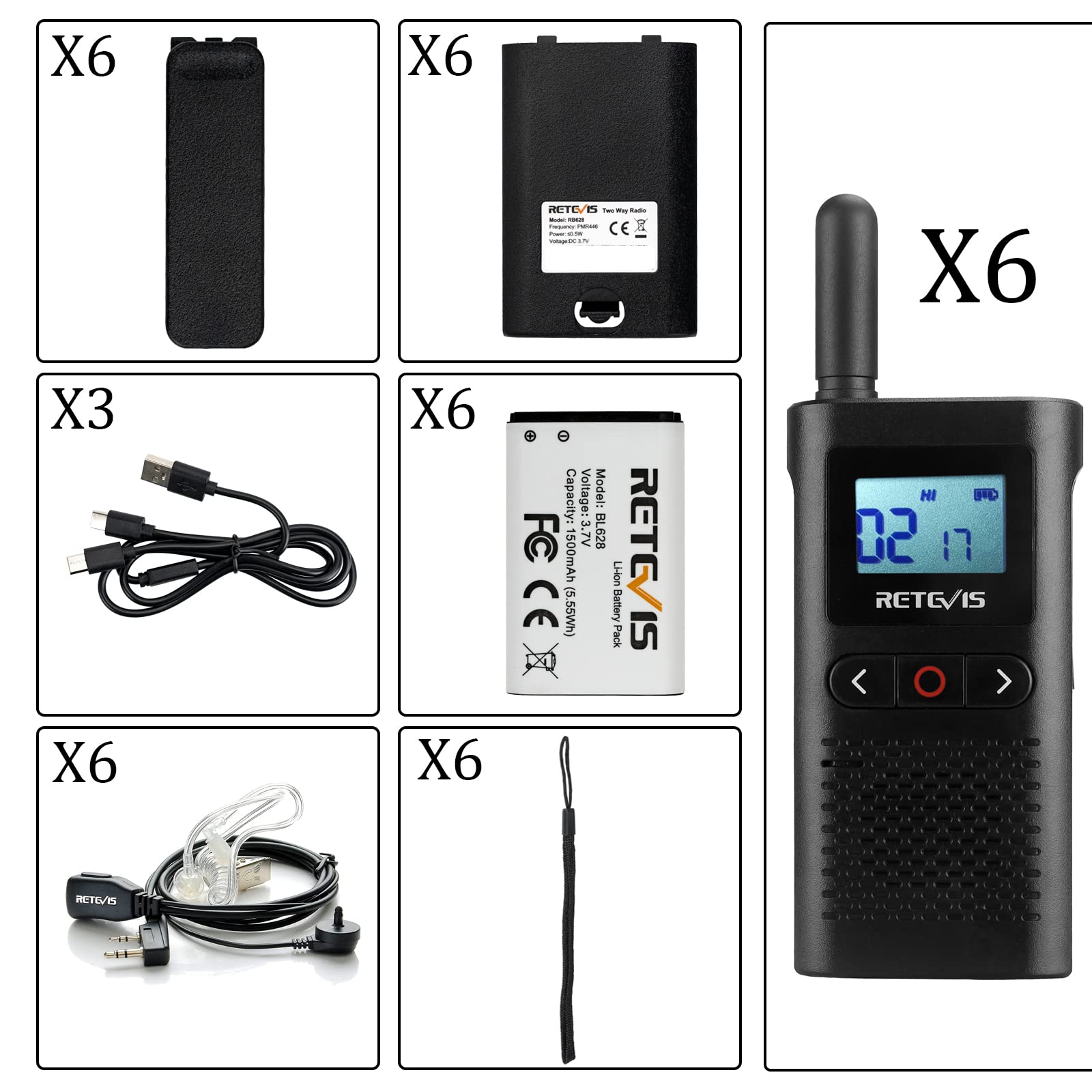 Retevis RB628 Walkie Talkie con Auricolare, Radio Ricetrasmittenti Ricaricabile, 16 Canali Licenza-libera PMR446, 1500 mAh, Schermo LCD VOX, Walkie Talkie a Lungo Raggio per Scuola (6 Pezzi, Nero)
