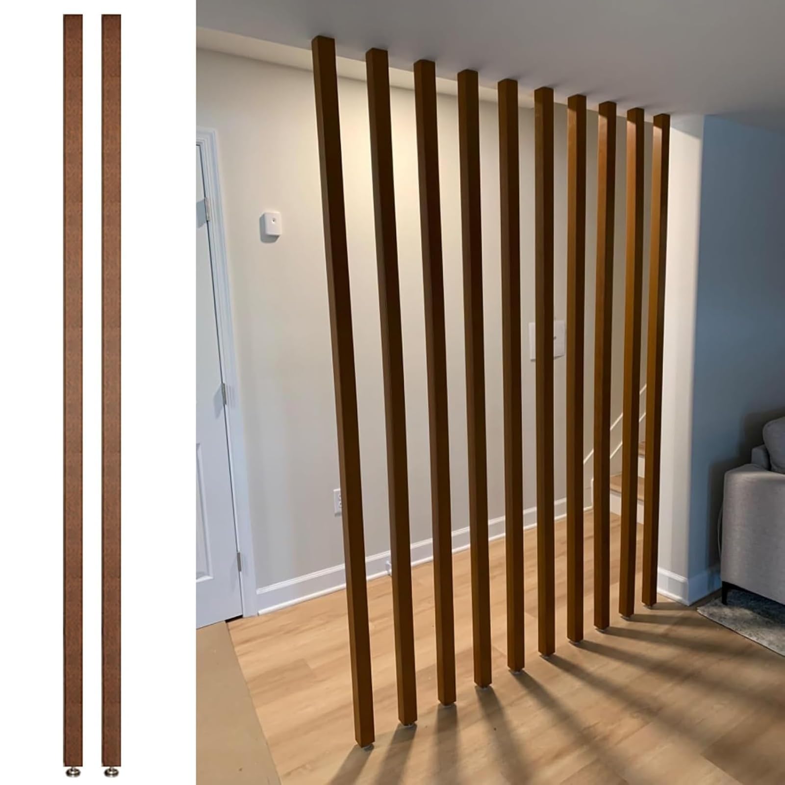 GLETSF 6.88Ft Rustic Wood Room Divider - 5 Pcs Adjustable Slat Partition For Living Room, Kitchen, Bedroom, Home Entryway - No Drill Installation, Stylish Privacy Screen-2 Pcs-95cm/3.11ft
