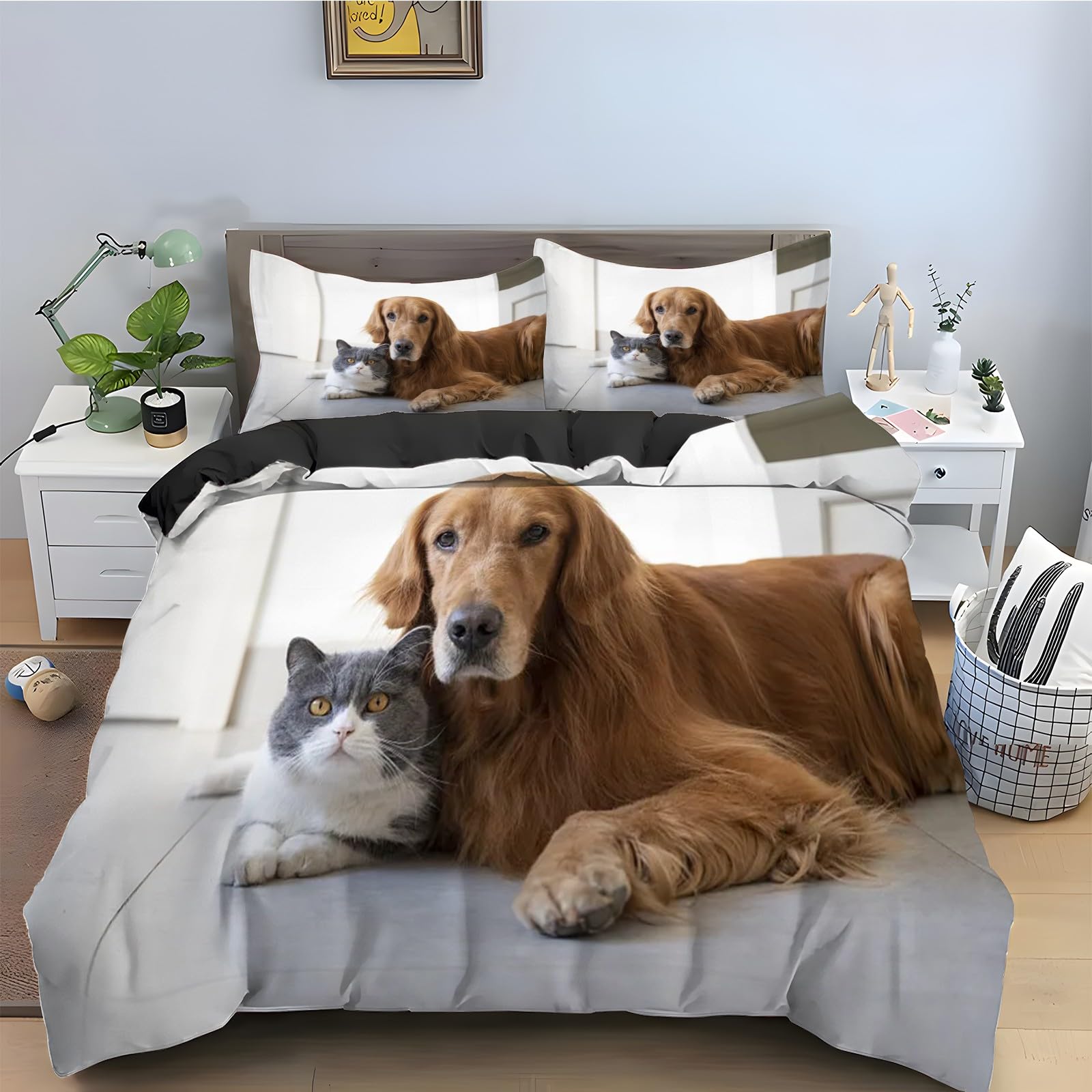 Housse de couette 220x240 chat parure de lit chiot ensemble literie 3 pièces microfibre