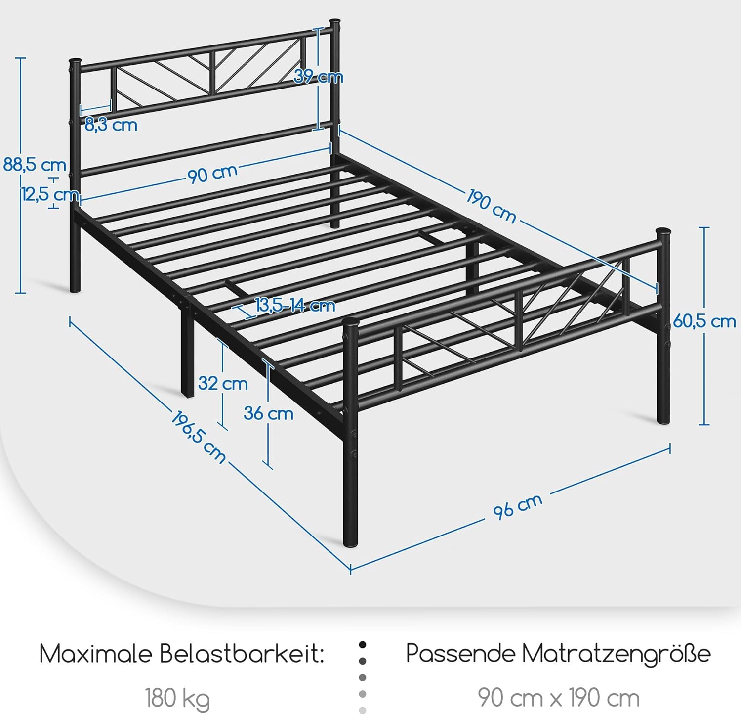 Diagram showing the dimensions and components of the Yaheetech Metal Bed Frame