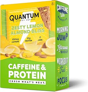 Quantum Energy Square: Energy Bar with Caffeine & 10g Protein. Delicious Healthy Snack On The Go. (Vegan, Gluten-free, Soy-free, Dairy-free) (Zesty Lemon Almond Bliss)