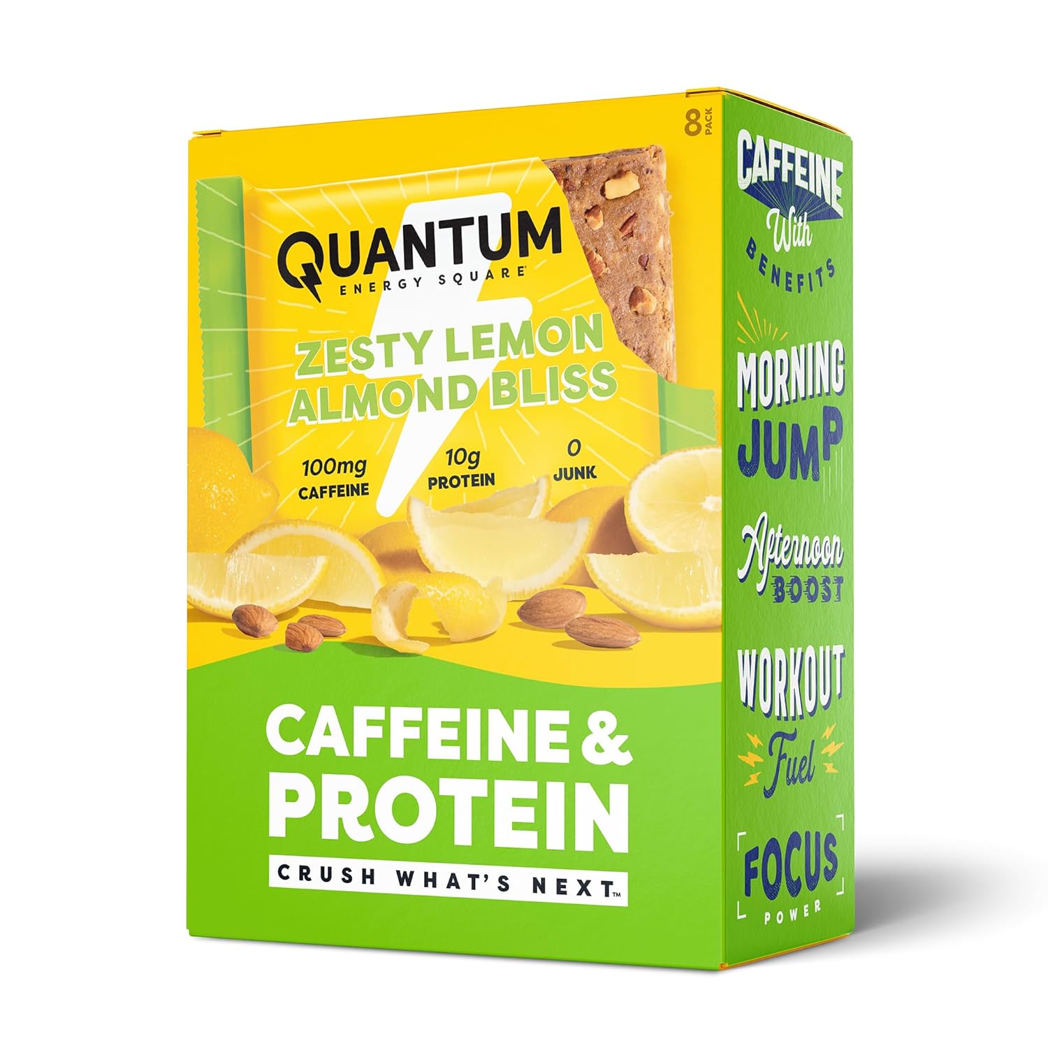 Quantum Energy Square: Energy Bar with Caffeine & 10g Protein. Delicious Healthy Snack On The Go. (Vegan, Gluten-free, Soy-free, Dairy-free) (Zesty Lemon Almond Bliss)