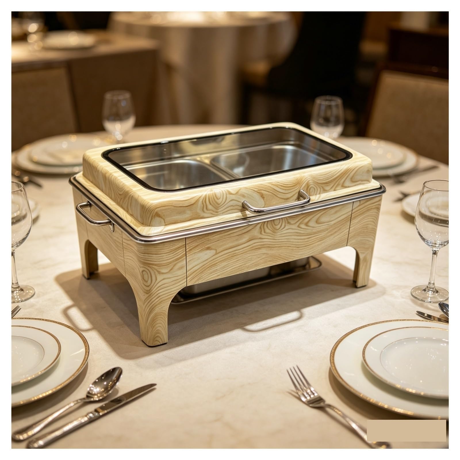 Servidor de buffet rectangular con plato de abejorro de grano de madera