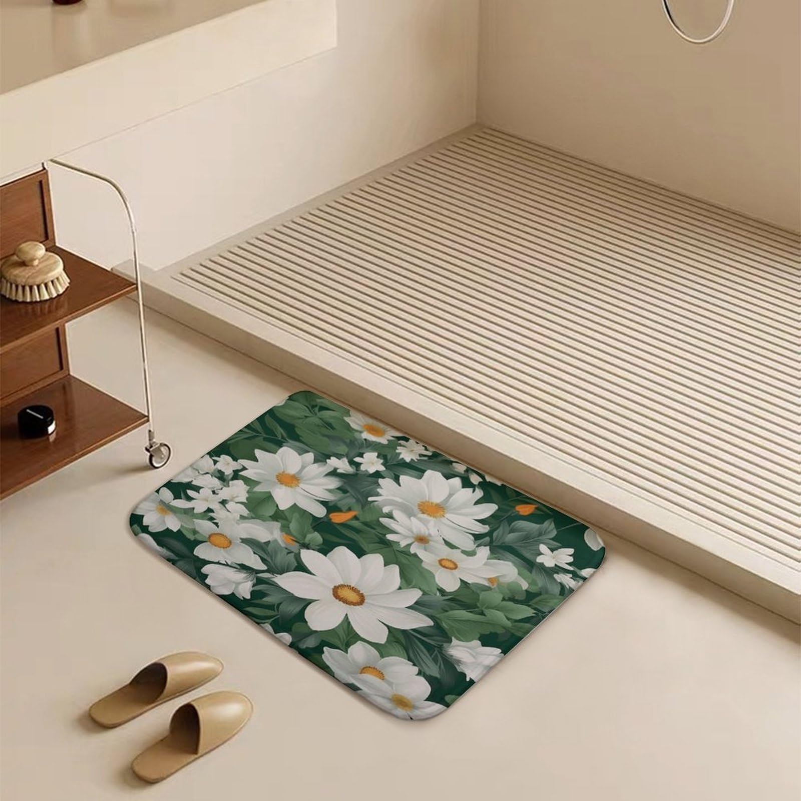 Tapete de bienvenida para interiores y exteriores, antideslizante, hojas verdes y flores blancas, tapete para entrada, porche, lavandería, baño, dormitorio, alfombra de 40 cm x 60 cm