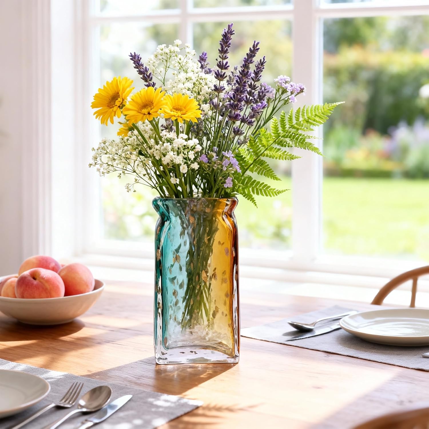 Hand Blown Glass Vase, Wide Mouth Vase Glass Art, Colorful Vase Turquoise Teal Blue with Amber Orange, Blown Glass Centerpiece for Pampas Grass Flowers, Modern Minimalist Boho Coastal Decor