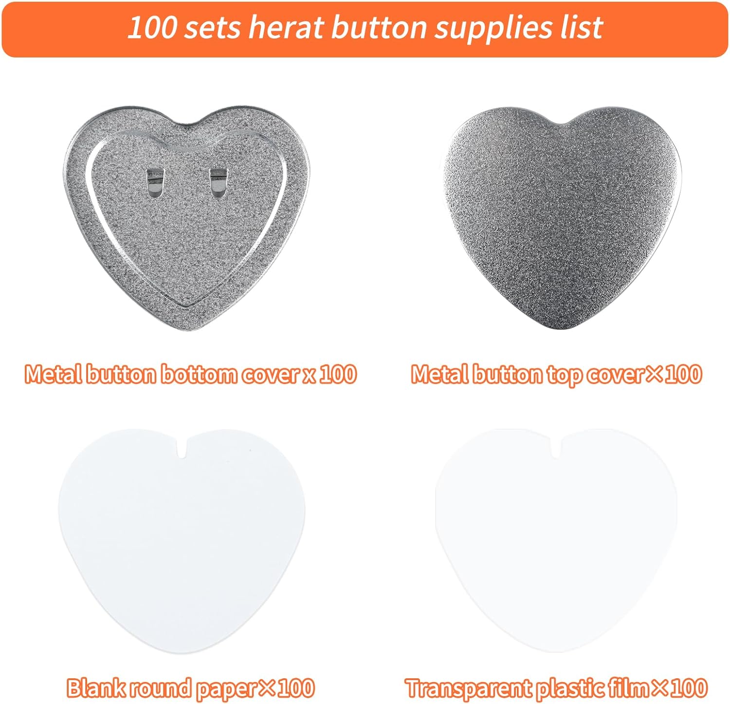 100 Sets blank heart Button Parts，Pin Maker Supplies for Button Maker Machine Heart，Including Heart-shaped Metal button pin back cover, Metal Covers, Clear Film&Blank Paper