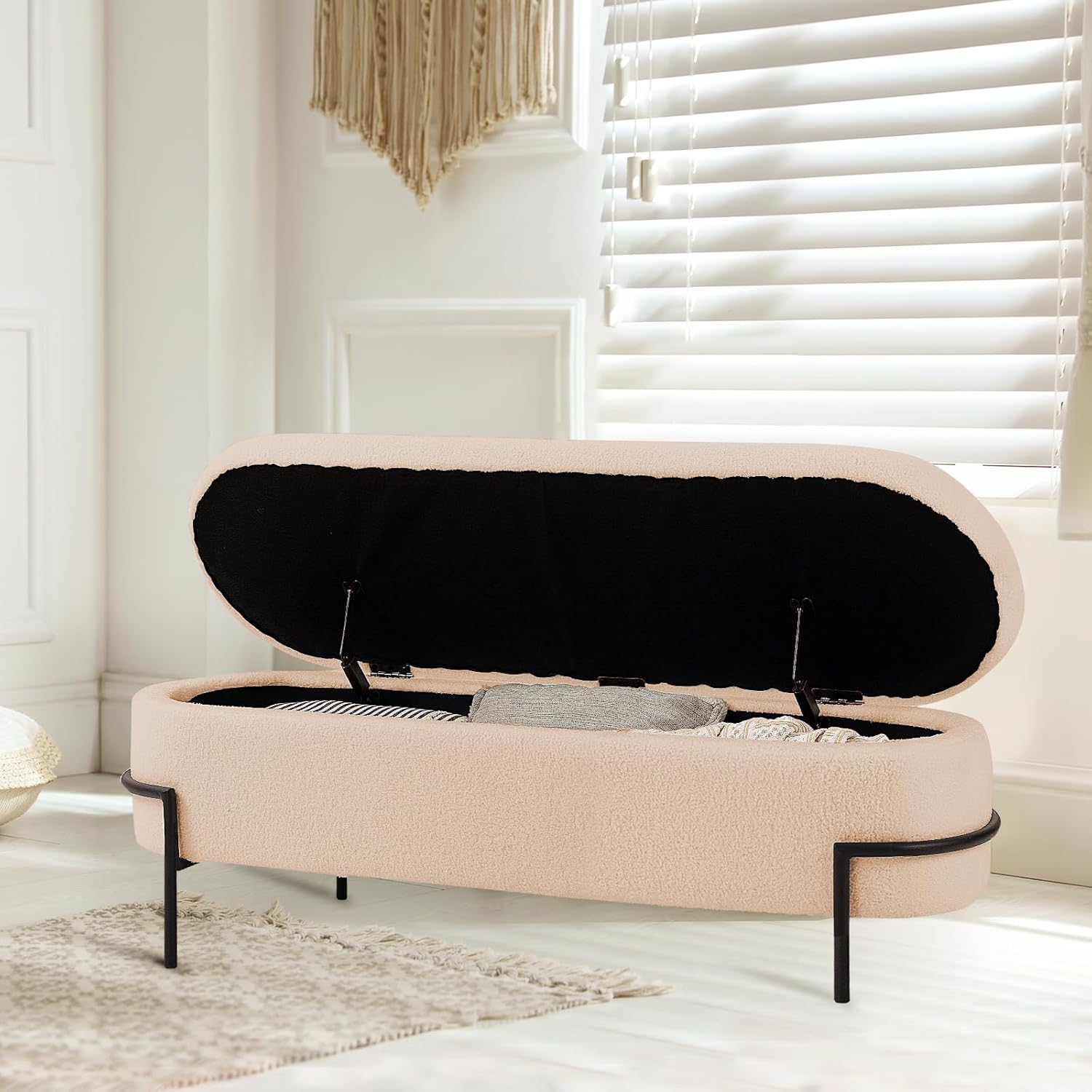 Halitaa Beige Storage Bench Ottoman, Modern Sherpa Ottoman Bench with Storage for End of Bed Queen Size, Bedroom, Living Room, 52''L