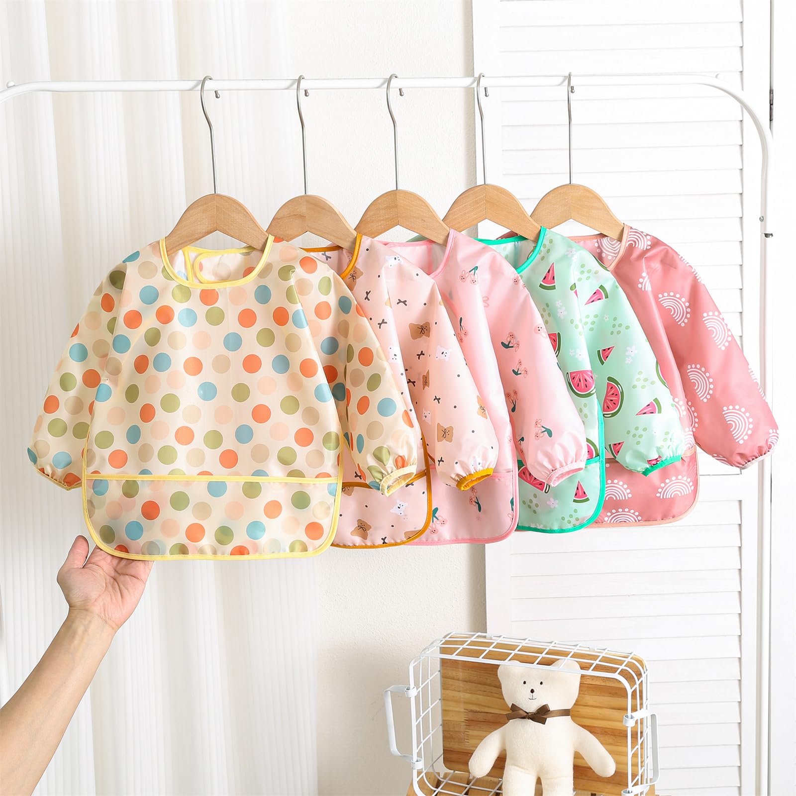 Bavoirs Manches Longues, 5 Pièces, Bebe Bavoir Imperméable Tablier d'Alimentation avec Poches 3-30 Mois