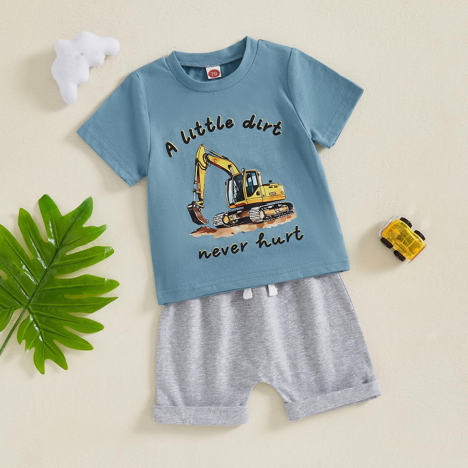 Toddler Baby Boy Summer Tractor Clothes A Little Dirt Letter Short Sleeve Shirt Top Jogger Shorts 2Pcs Farm Outfit (GRAY, 18-24 Months)