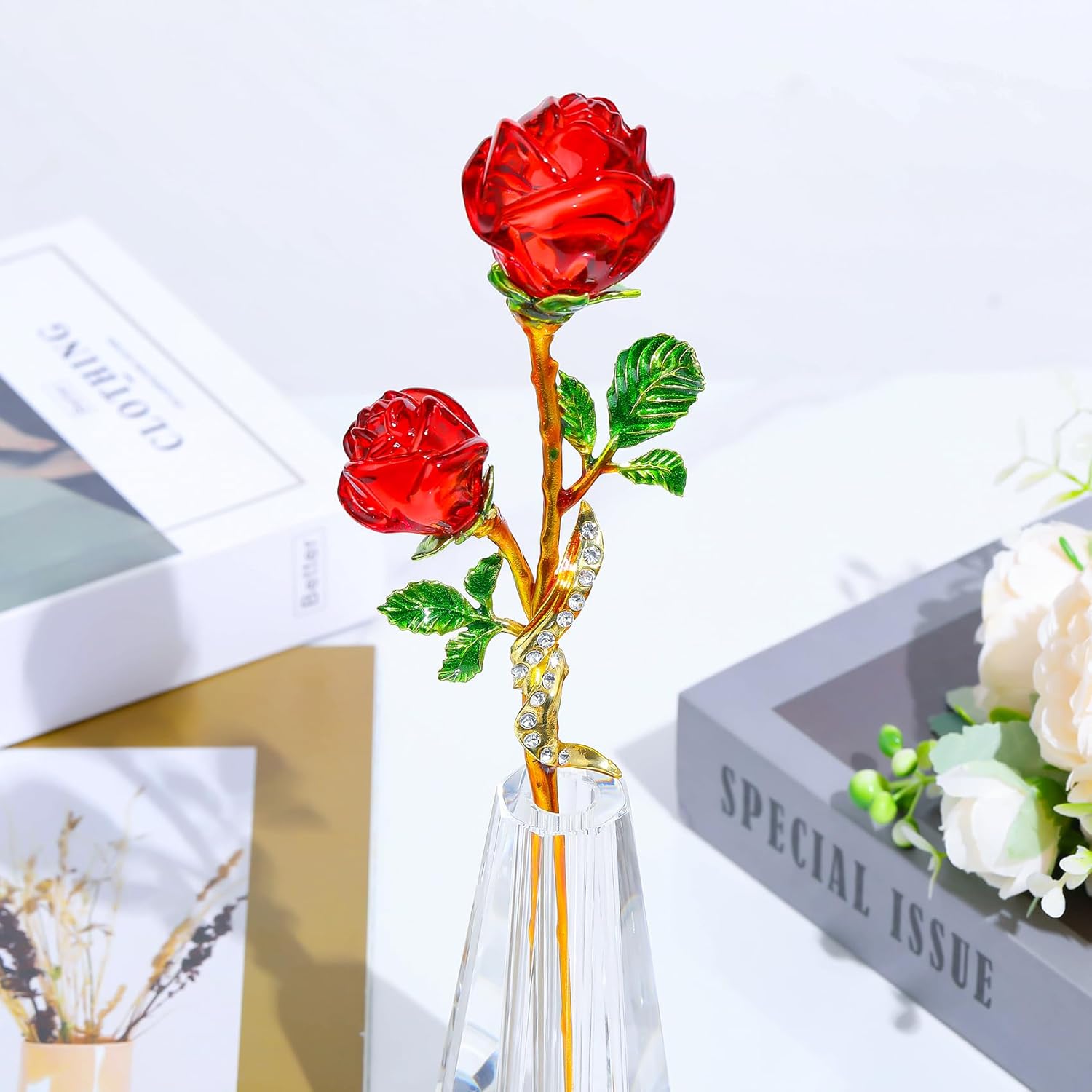 YWHL Handmade Red Rose Flower Crystal Figurine with Vase, Bouquet Glass Flowers Ornament Rose Gifts for Wife Girlfriend Women, Crystal Flower Home Table Decor for Anniversary Wedding - Image 6