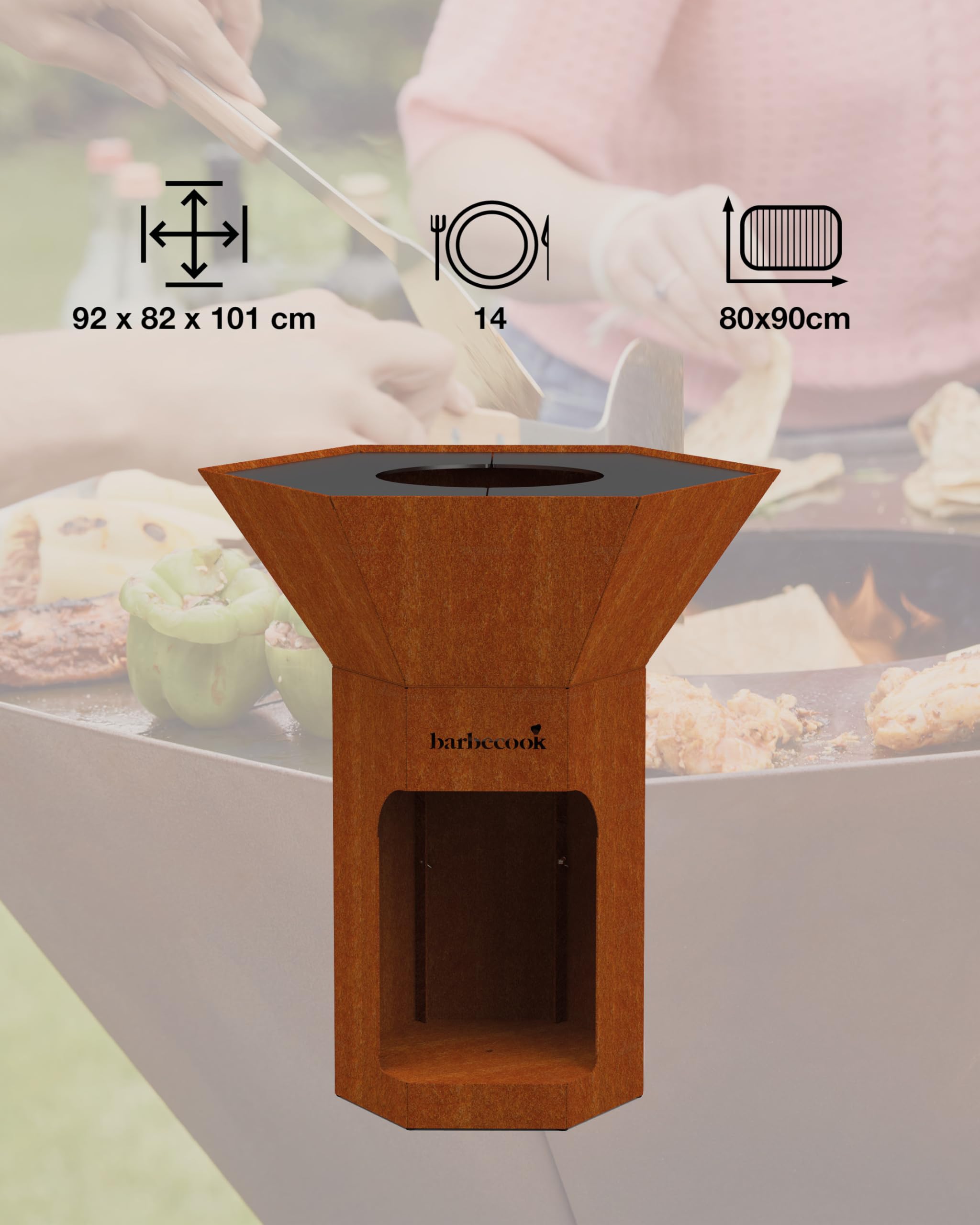 Barbecook Feuerschale mit Feuerplatte Nestor Original BBQ Grill und plancha aus Cortenstahl, 92x92x101cm