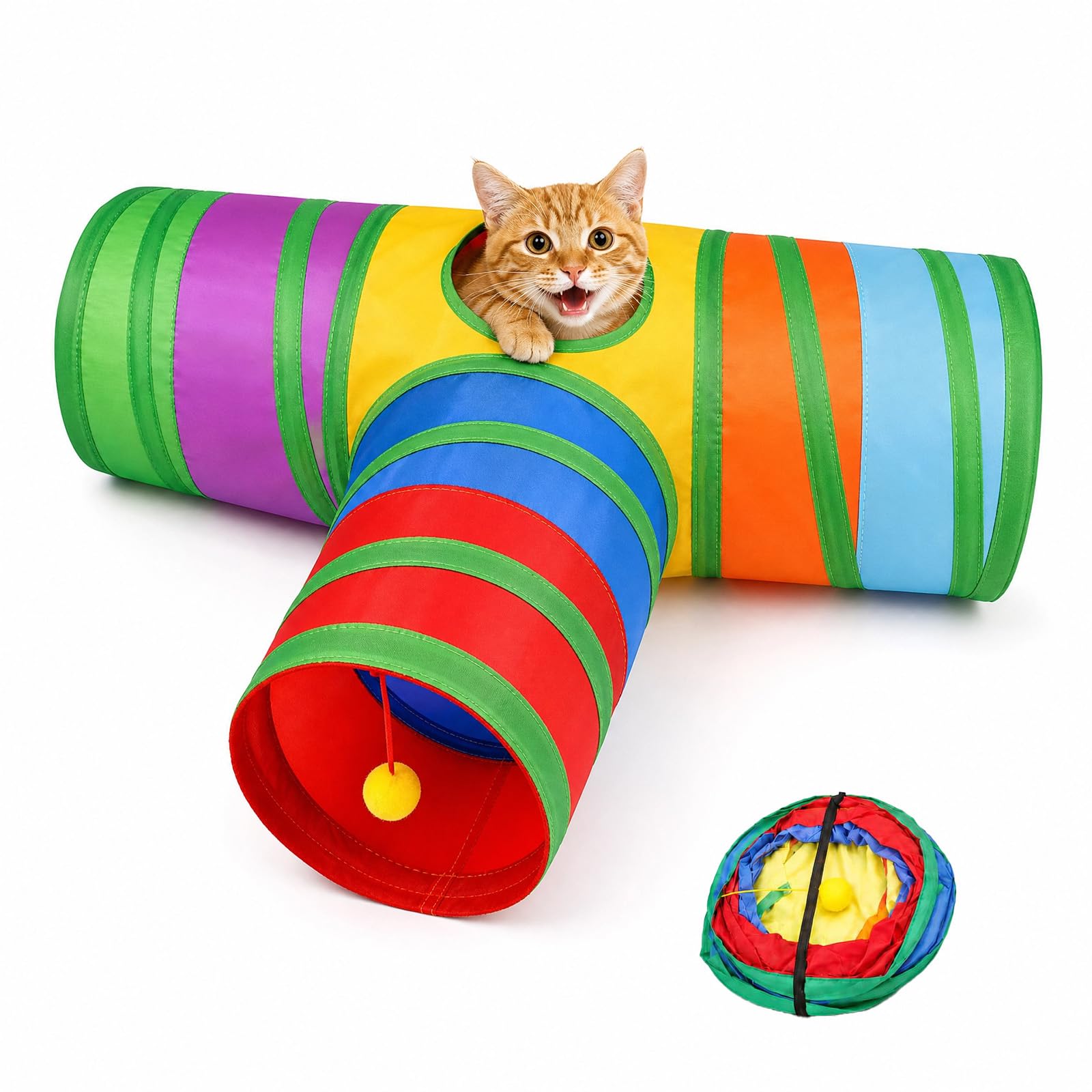 3 Way Cat Tunnel Toy with Ball, Foldable Rainbow Kitten Tunnel