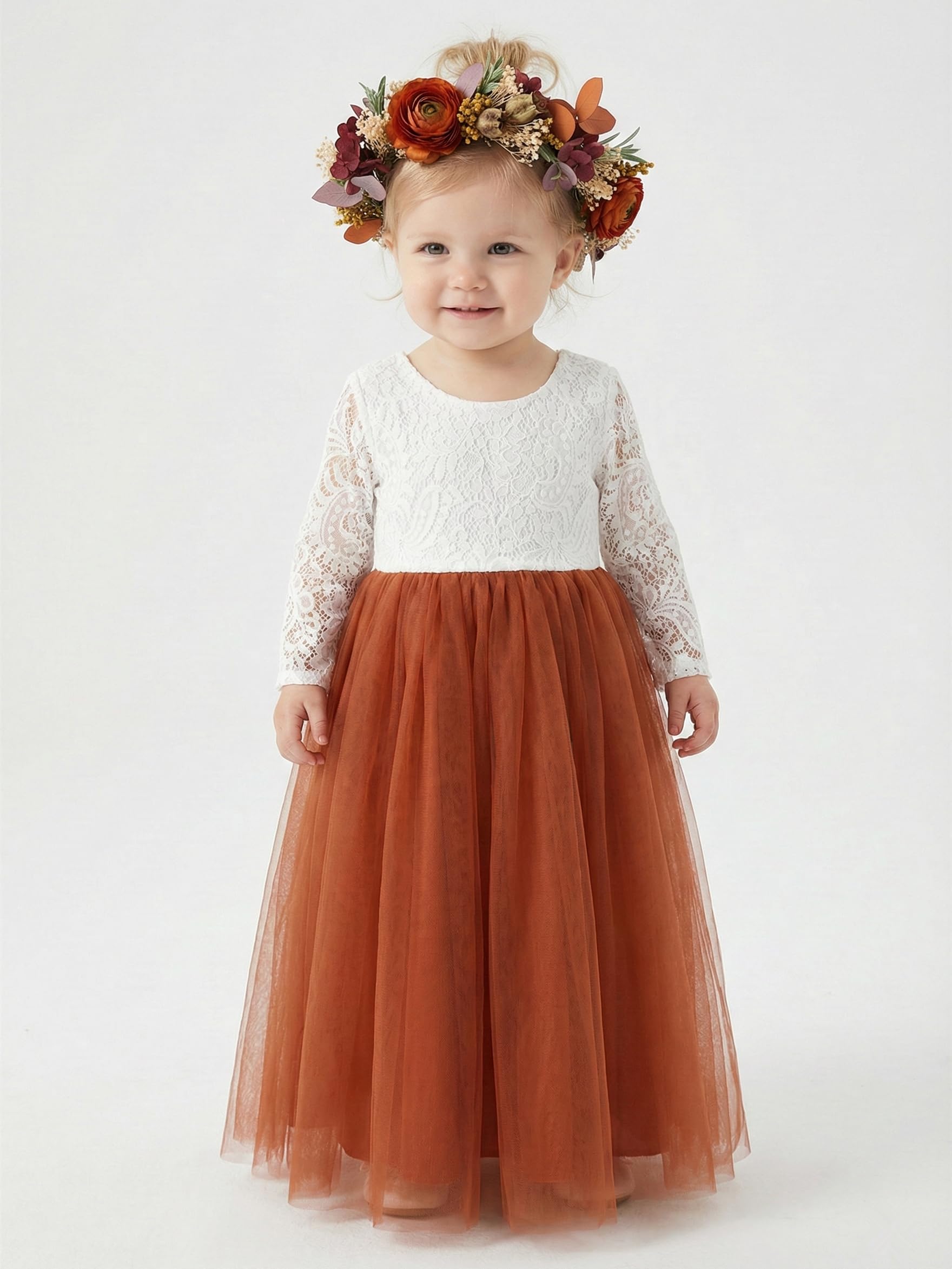 burnt orange flower girl dresses Rustic Burnt Orange Embroidered Flower Girl Dress with Chantilly Lace for Fall Weddings