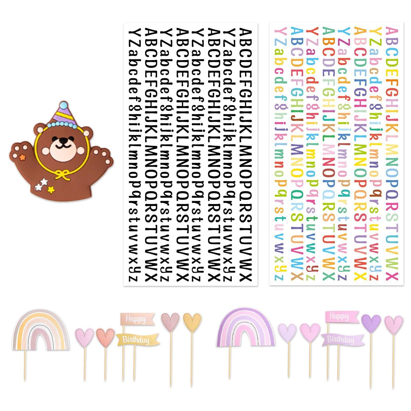 TVSVKWE 14 Pieces Of Cake Card Insert, 1 Piece Of Bear Plugin And 2 Letter Stickers, Cute Cake Decorations, Children'S Birthday Party Supplies.