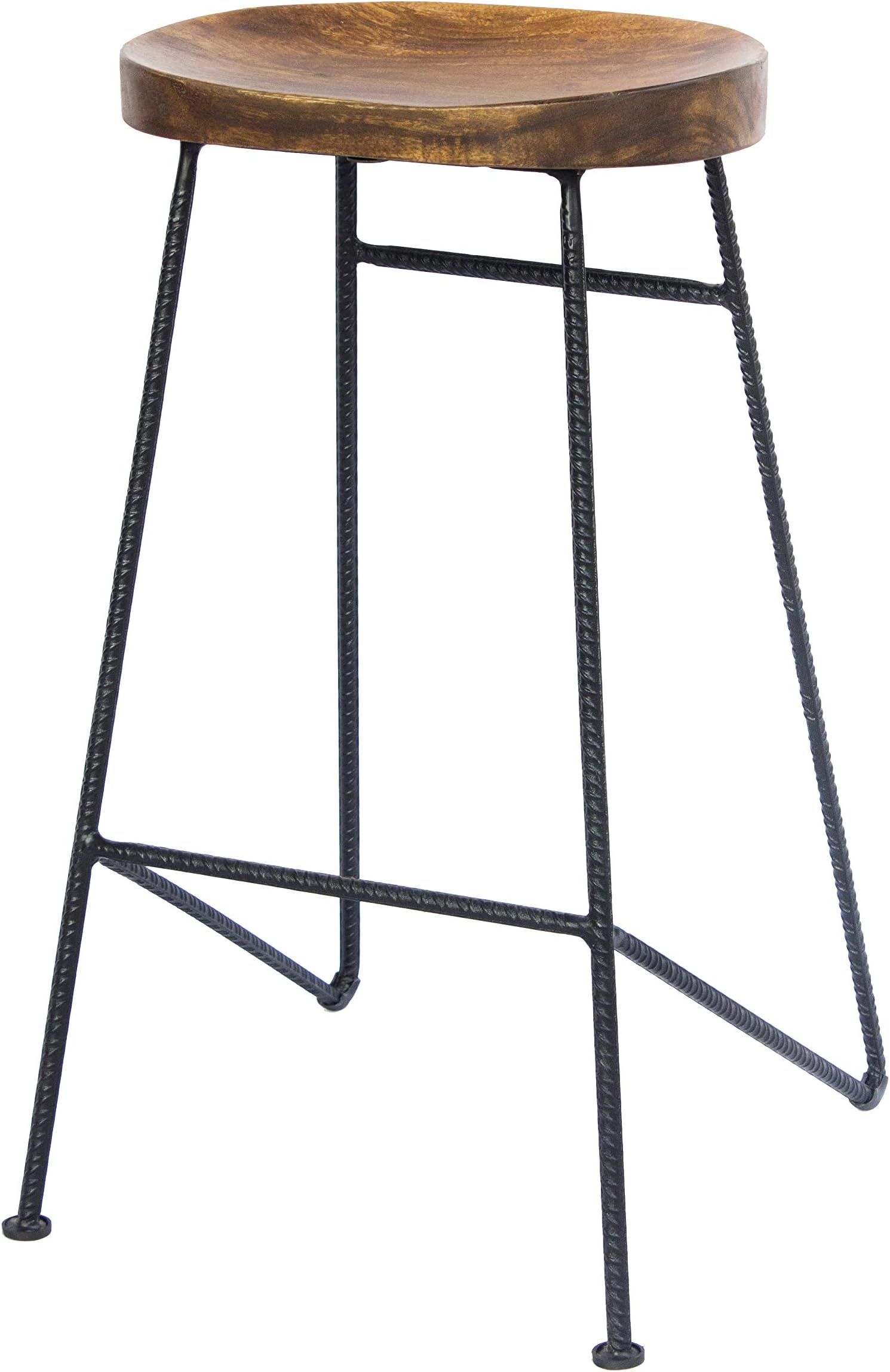 The Urban Port Mango Wood Saddle Seat Bar Stool with Iron Rod Legs, Brown and Black