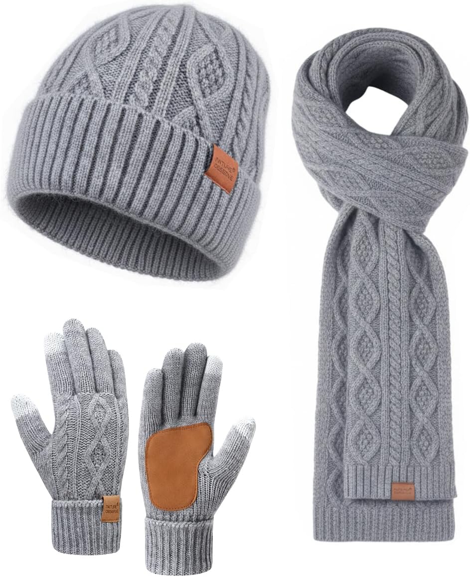 Womens Hat Scarf Gloves Set Winter Warm Thick Soft Long Knit Scarf Fleece Lined Beanie Touchscreen Glove Cold Weather Gift