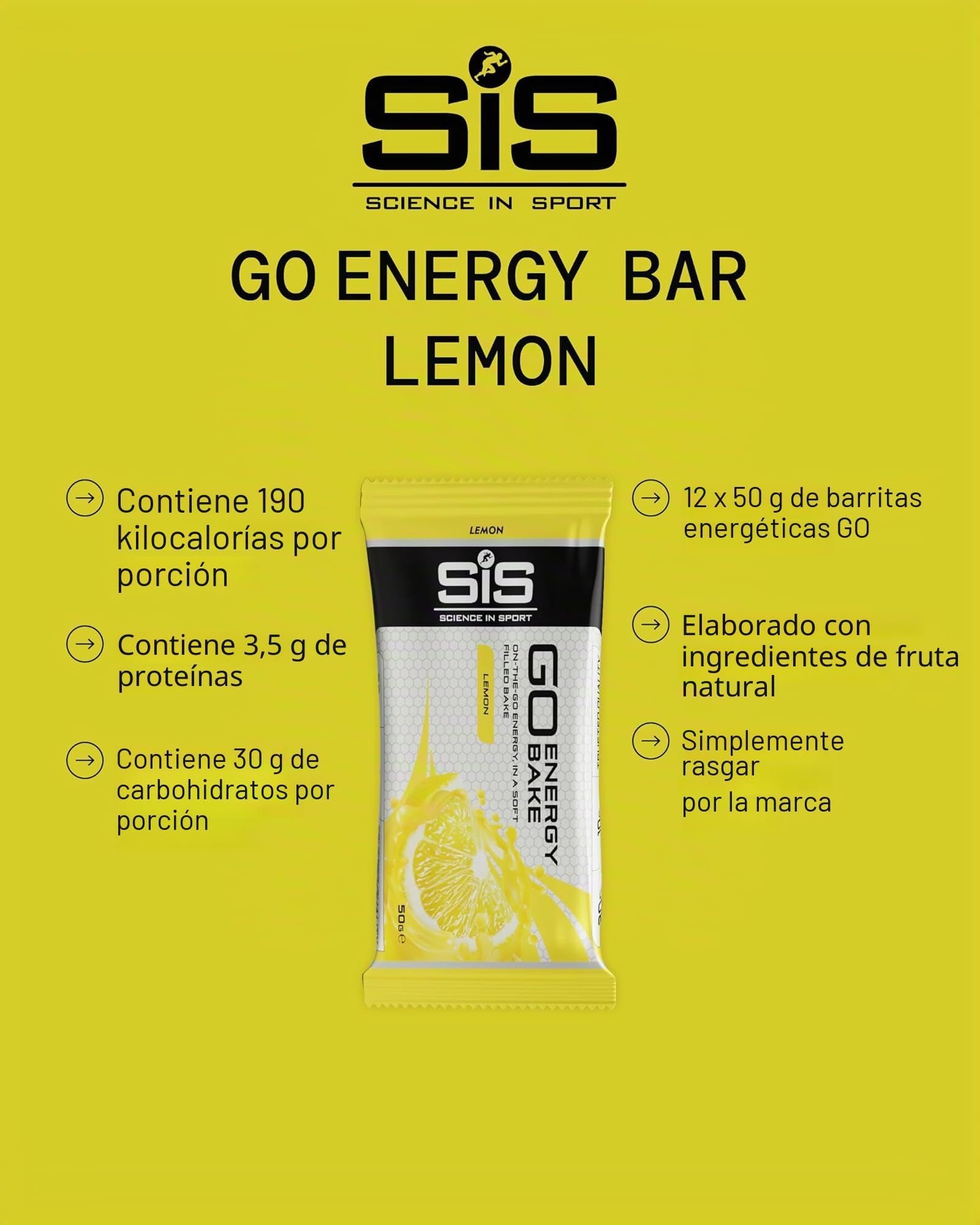 Science in Sport GO Energy Bakes Barritas energéticas 50g paquete de 12 uds. Limón - Deliciosas barritas con 30g de carbohidratos que te aportan energía para el entrenamiento de potencia