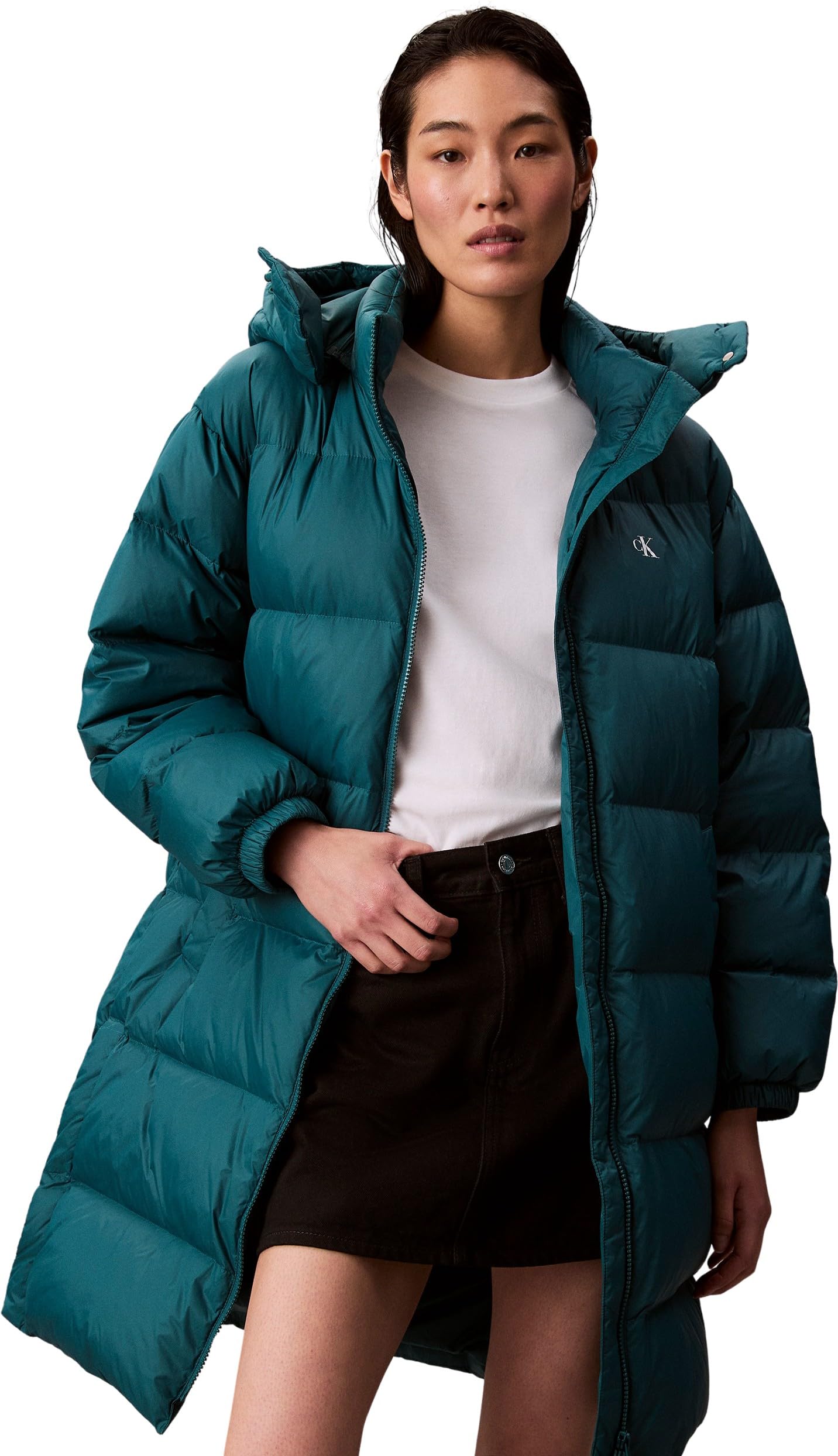 Calvin Klein Women’s Essential Mid Weight Long Puffer Jacket with Hood, Green (Maya Blue), XS