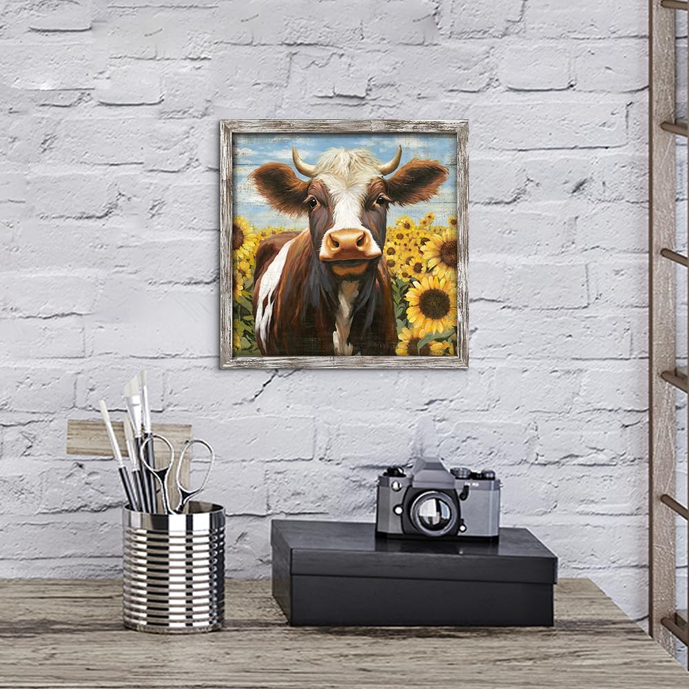 Farm Animal Wooden Wall Art: Rustic Cow with Sunflower Framed Picture Farmhouse Painting Artwork for Bedroom