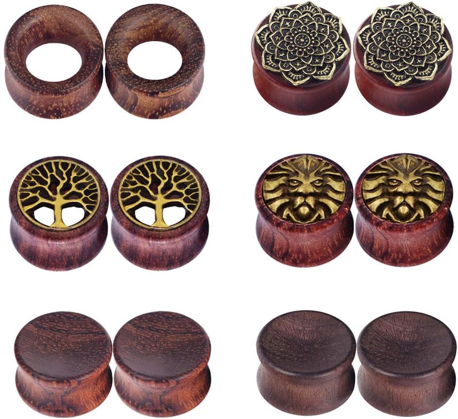 Stuppendux 3Pairs/6Pairs Natural Organic Wood Hollow Double Flared Flesh Ear Gauges Plugs Tunnels Ear Expander