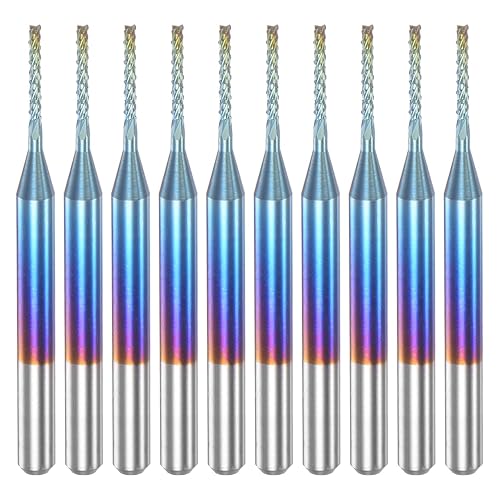 10 Uds. Fresas de extremo CNC Router Bits 18 "Shank 0.039 in Blue Coated Tungsten Carburo Fresas para PCB Acrílico Madera Aluminio Metal