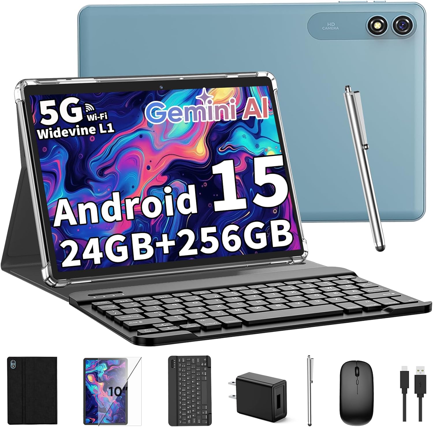 2025 Tablet, 10 inch Android 15 Tablet with Keyboard, 24GB+256GB+2TB Expandable Tablets, 2 in 1 Tablets with Keyboard Case Mouse Stylus, 8-core, 8000mAh, 5G WiFi, Split Screen, Widevine L1, GMS(Black)