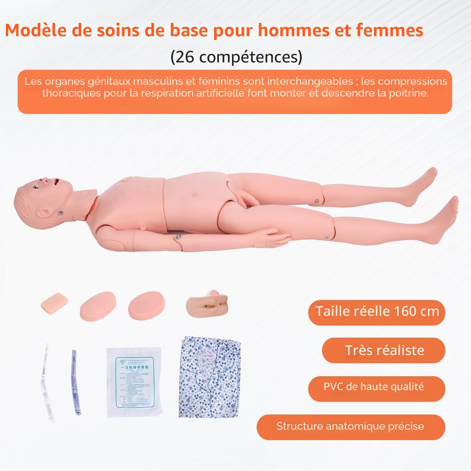 Mannequin de Soins Infirmiers Homme Femme - Mannequin de Soins aux Patients - 160 cm - Mannequin de Formation pour Infirmiers en PVC - 26 Compétences - Pour l'enseignement et l'éducation