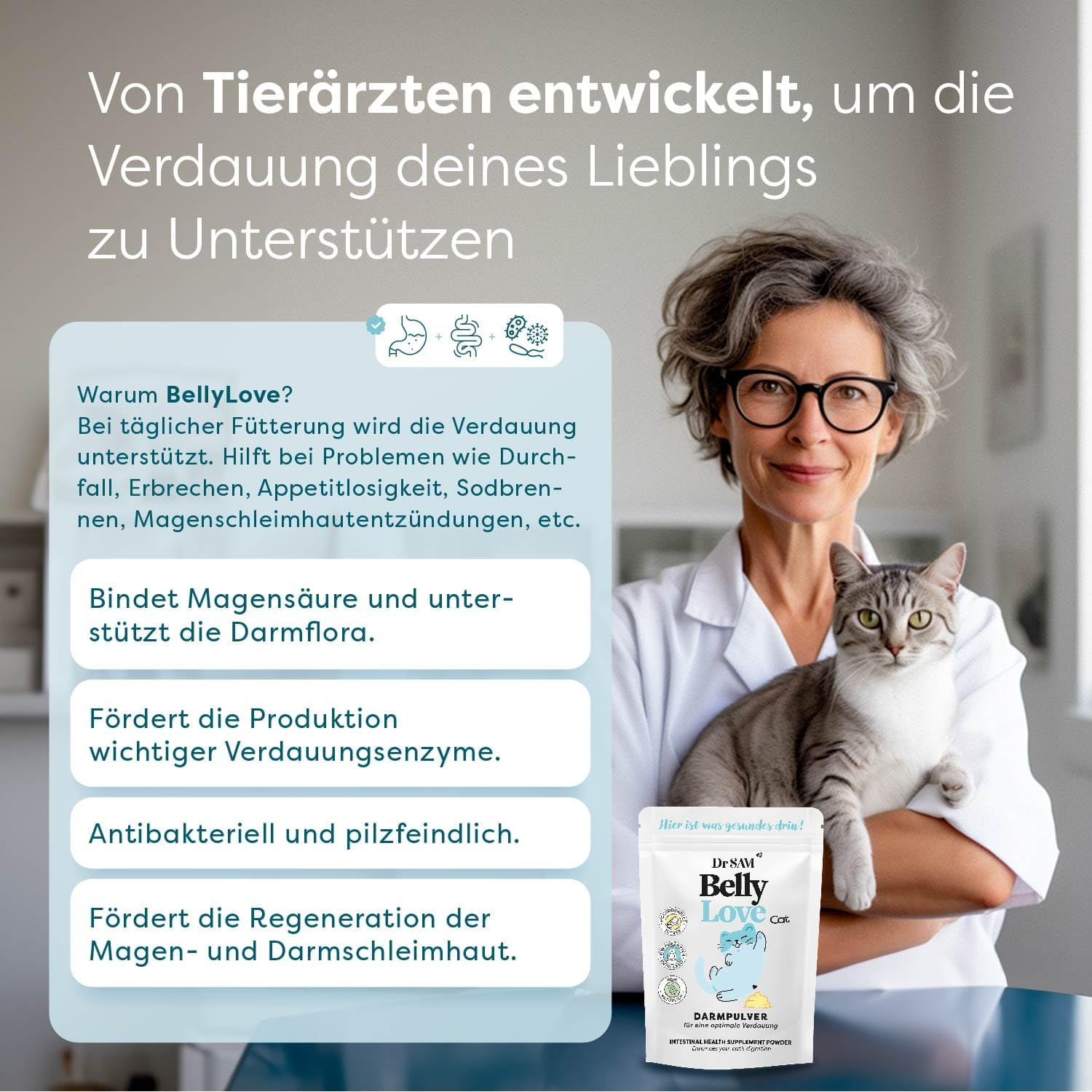 Dr. SAM Premium Darmpulver für Katzen - BellyLove Cat als pflanzliches Darm- und Magenpulver für Balance im Darm - unterstützend bei Magen-Darm-Erkrankung - hochdosiertes Probiotikum 45g