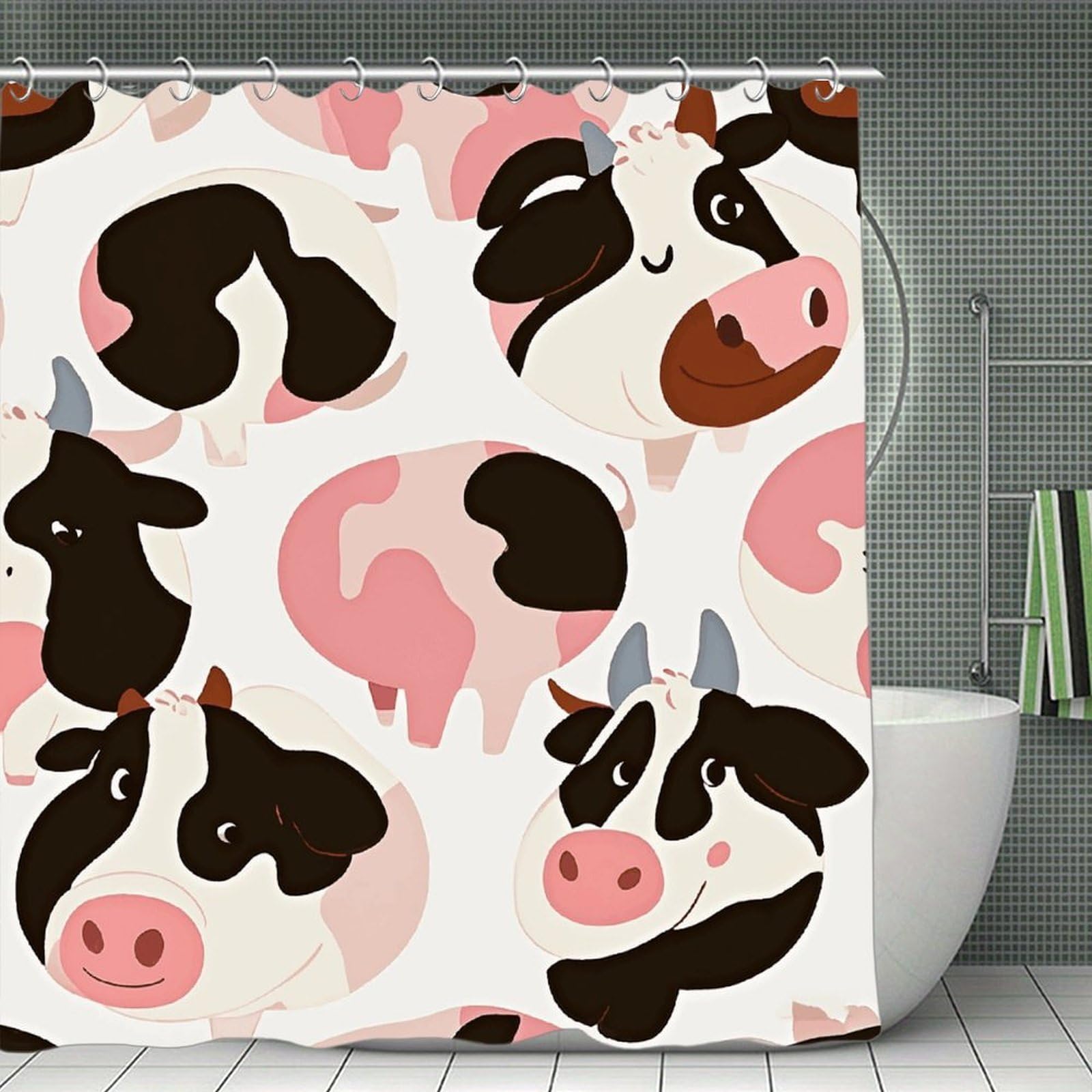 FekiLoot Cow Pattern Shower Curtain with Hooks Modern Farmhouse Bathroom Curtain Waterproof Cloth Bath Curtains Cute Washable Blackout Privacy Curtains for Bathroom Bathtub 70.8"x70.8"