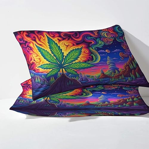 Miniatura 3 de Trippy Sábanas tamaño Queen, sábanas de marihuana con diseño de hojas de marihuana, juego de 4 piezas - Sábana bajera ajustable de microfibra suave